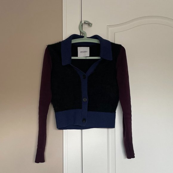 Jendes Mohair Colorblock Cardigan Purple Black Sweater Size S - Picture 2 of 8